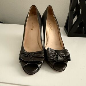 Prada Dark Brown Leather Peep-Toe Heels